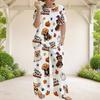 Women Plus Size Halloween Dog Printed Round Neck Short Sleeve Top Wide Leg Pants Two Piece Set