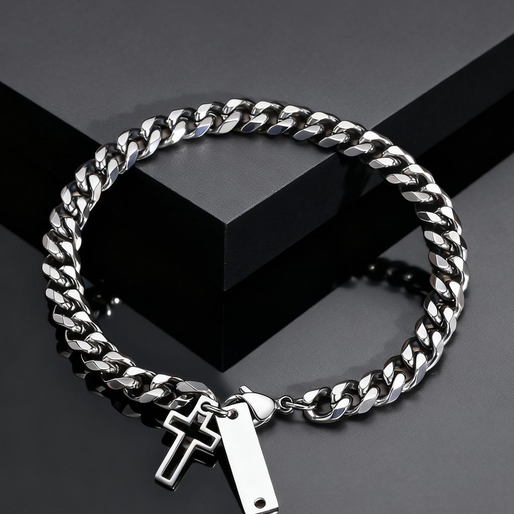 Trendy Cross Cuban Chain Bracelet for Men,Christian Religious Baptismal Bible Chain Wristband,Gift Card for Son Dad