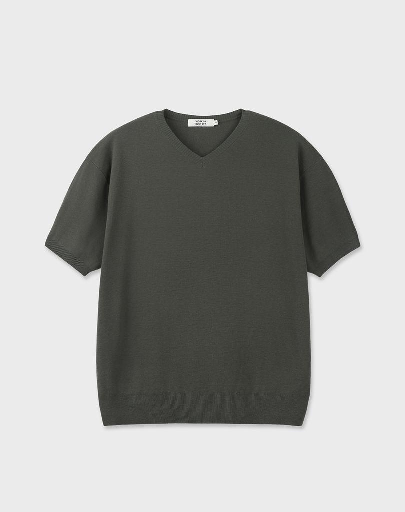 WORK ON BODY OFF Cool Bamboo Semi-Overfit V-Neck Short Sleeve Knit [Olive Green]