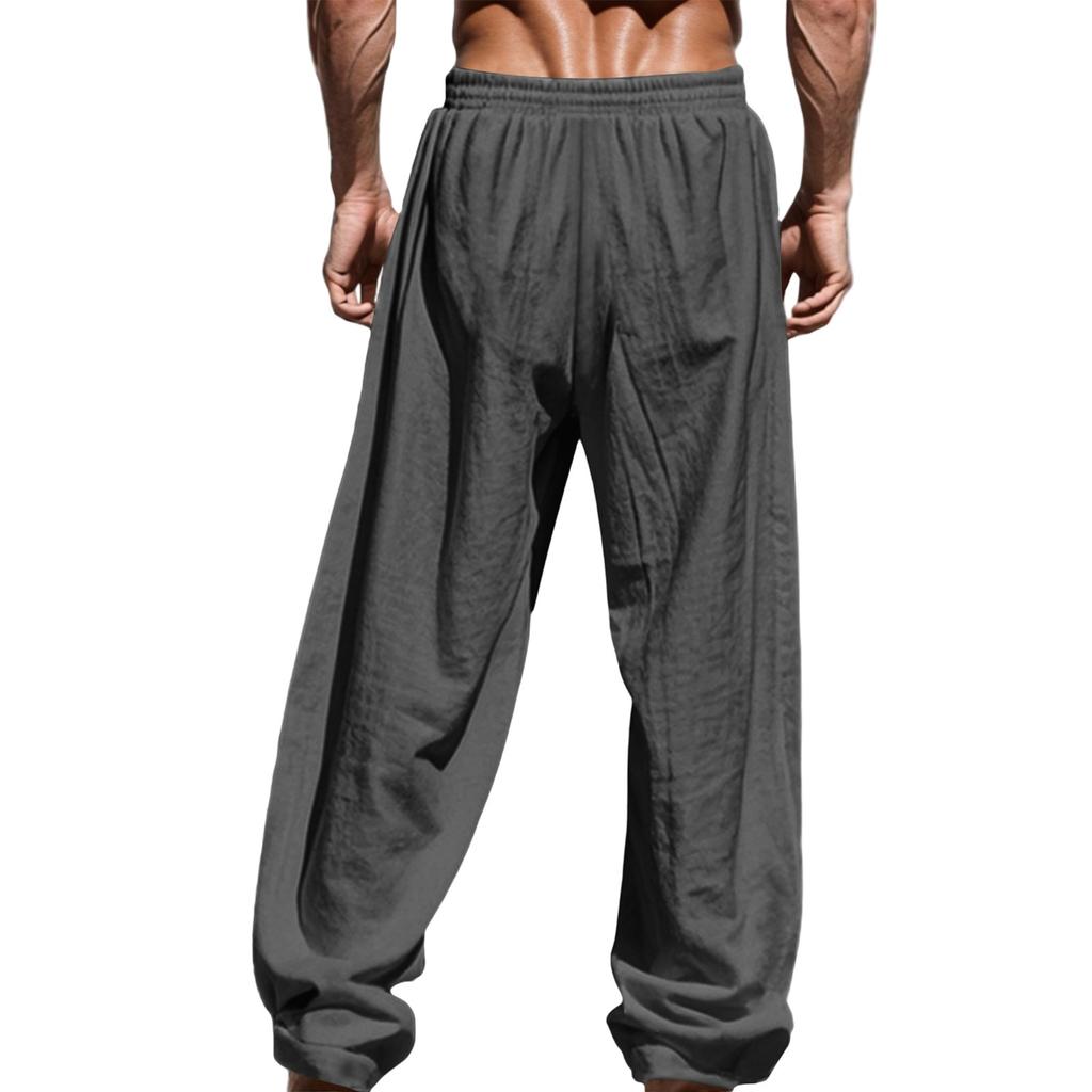 Men's Loose Casual Cotton Linen Trousers Elastic Tie Printed Straight Pants