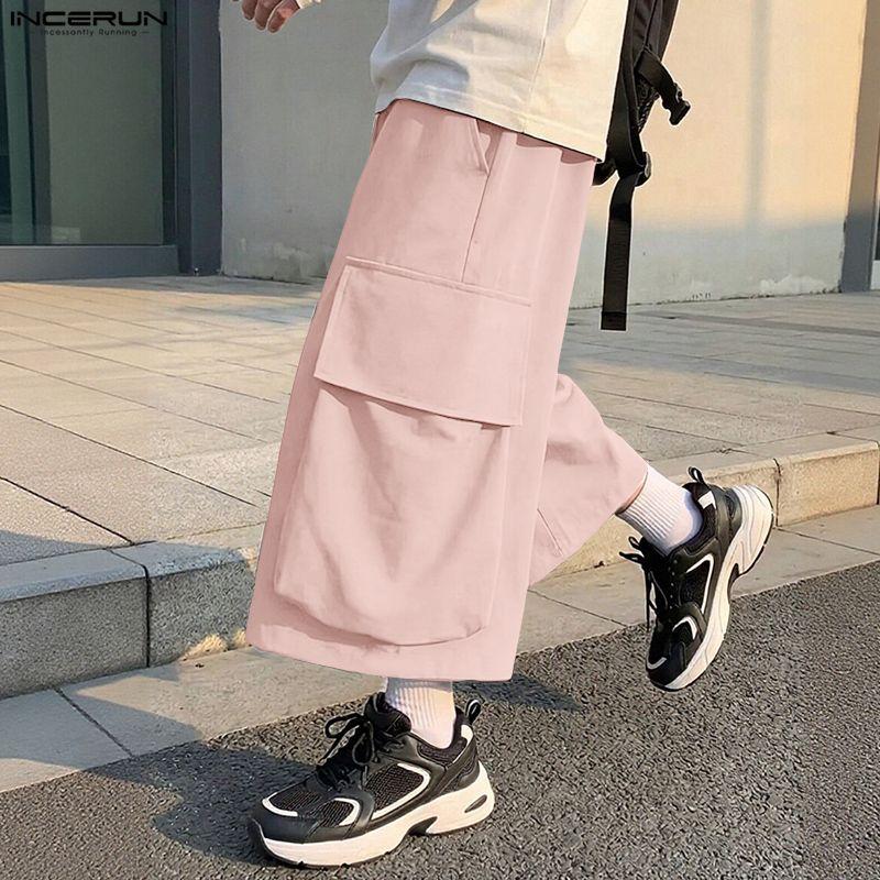 INCERUN Summer Men Elastic Waist Pockets Casual Loose Shorts Pants Capri