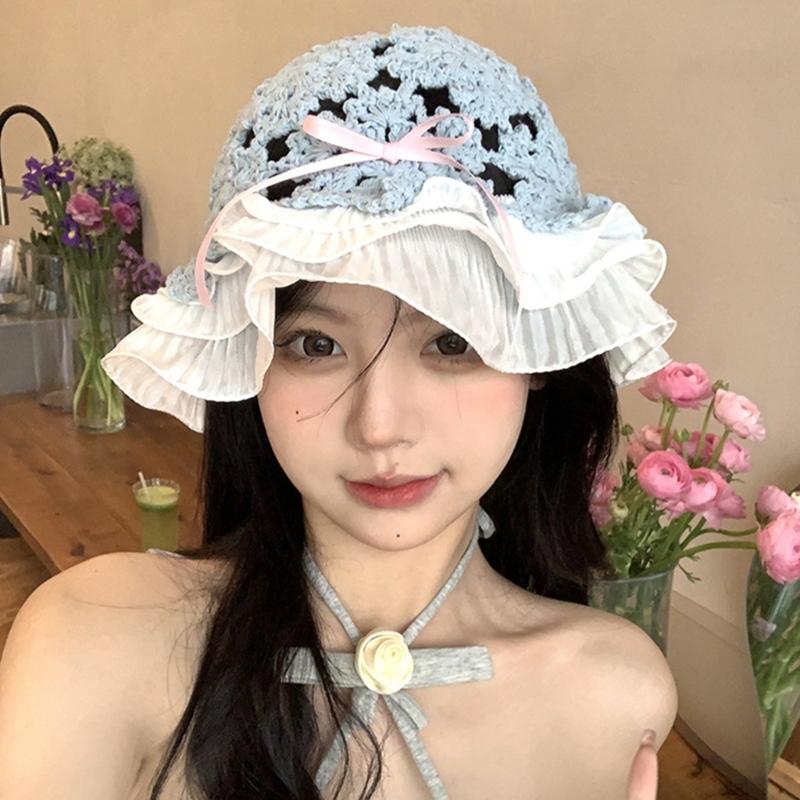 Summer Spring Crochet Bucket Hat Woman Commutes Camping Taking Photo Fisherman Hat with Pleated Trim for Girlfriend