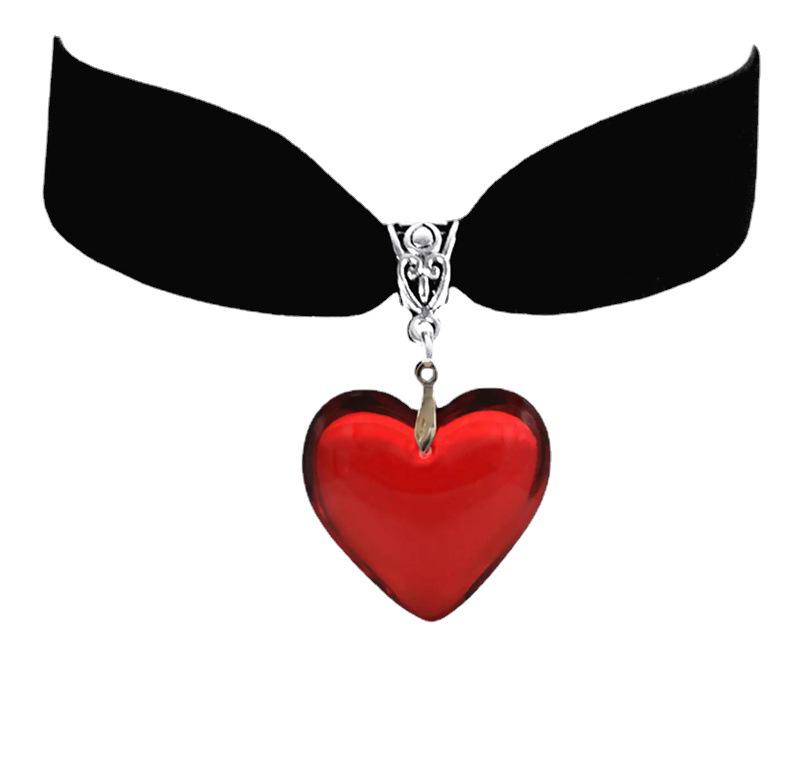Gothic Deep Red Glass Heart Pendant On Black Velvet Necklace