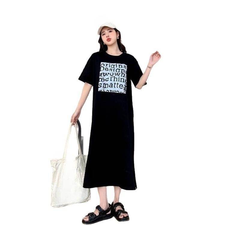 New Short-sleeved T-shirt, Long Dress, Loose and Slimming, Knee-length Slit Long Dress for Women In Summer