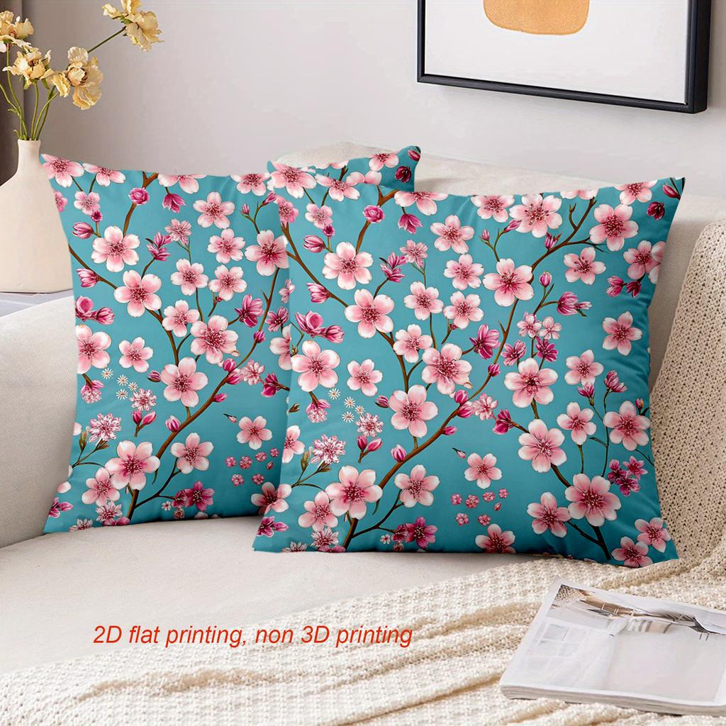 Blue Cherry Blossom Pattern Decorative Throw Pillow Cover 2D Flat Printed Polyester Sofa Cushion Case For Spring Home Decor