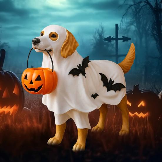 Ozdoba Halloween Pies Trzymający Misę Dyni Statuetka Ducha Dziwaczna Figurka Zwierzęcia Dekoracja Wewnętrzna Zewnętrzna