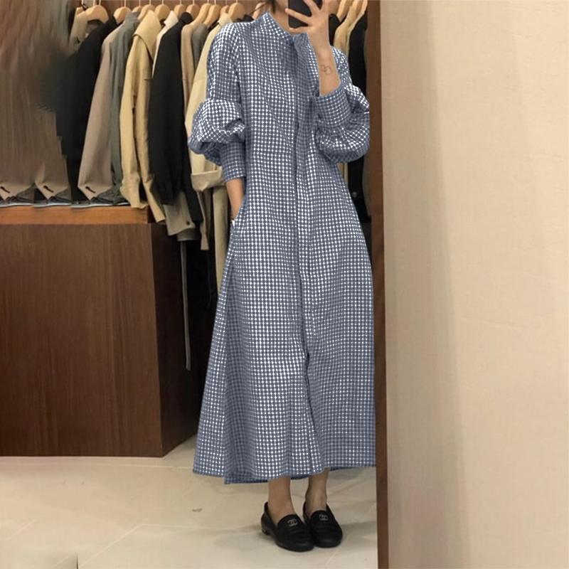 ZANZEA Women Casual Round Neck Plaid Print Loose Long Sleeve Dress S