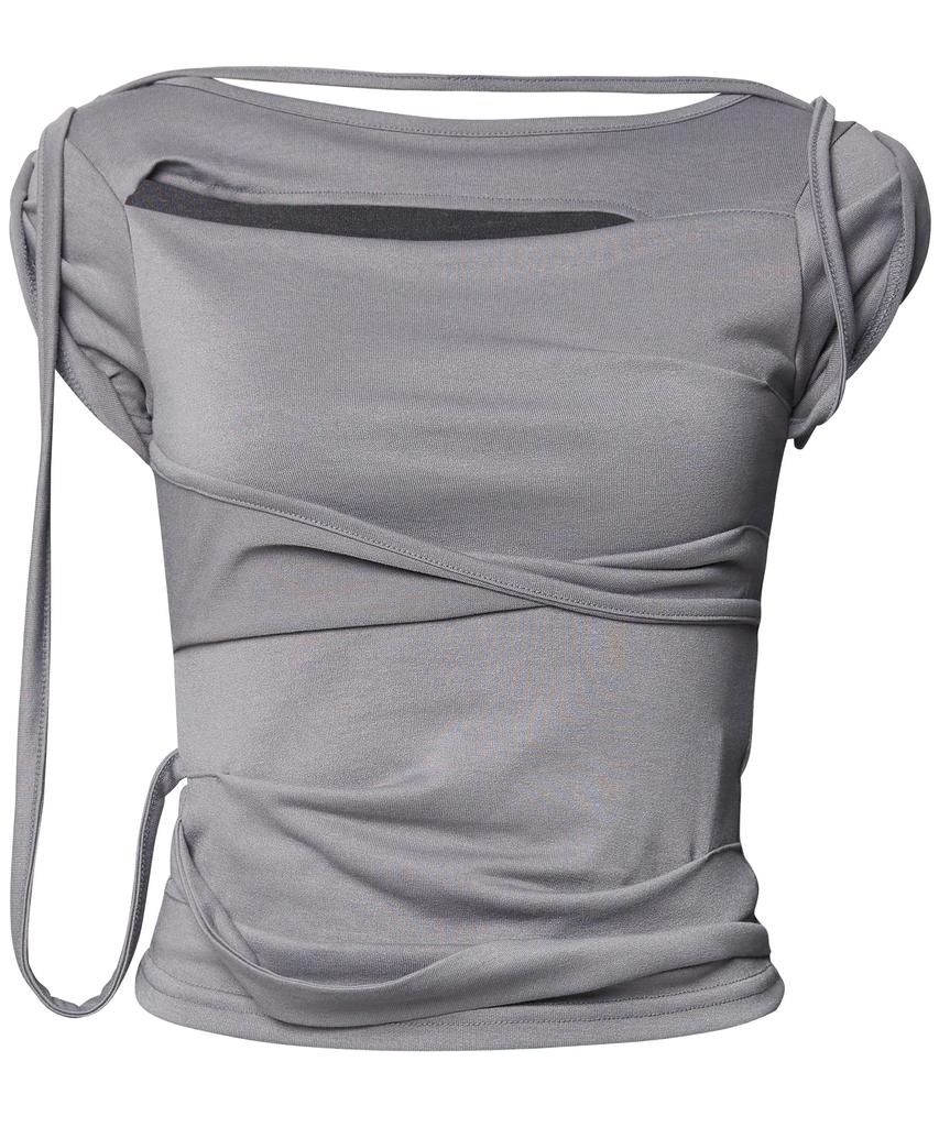 Peulleeoeob Asymmetrical Draped Strap Roll-Up T-Shirt (Fl-170_Dark Gray)