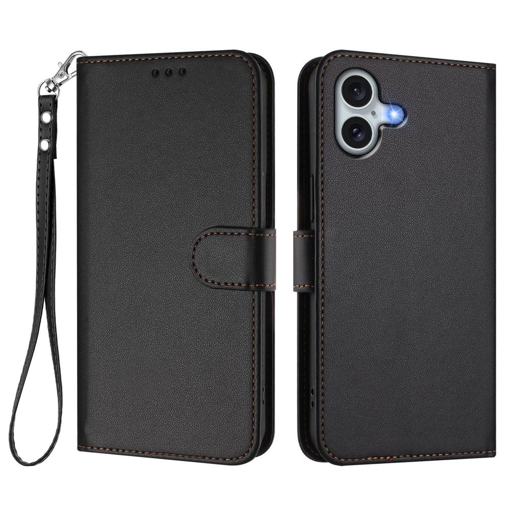 For iPhone 16 Plus Leather Case Wallet Stand Phone Cover with Wrist Strap