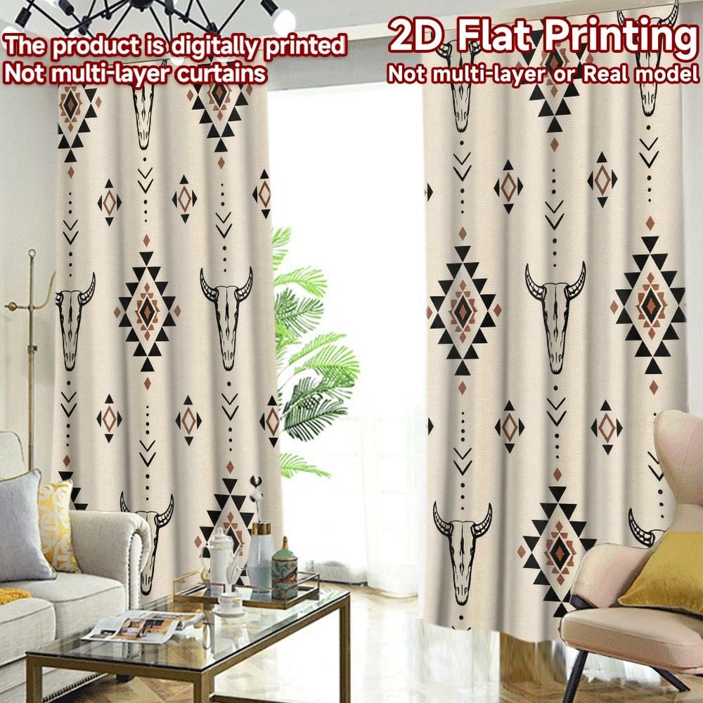 2D FLAT PRINTING 2pcs Curtains (Without Rod) Geometric Bull Skulls Pattern Chic Curtains Versatile Fabric Curtains Versatile All