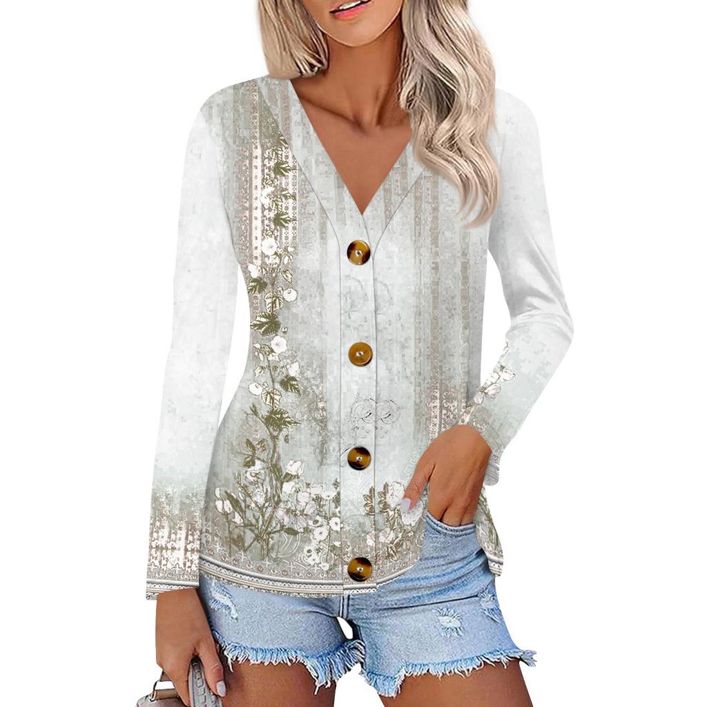 Women's Fashion Casual Print Button-down Shirt Long Sleeve Tops