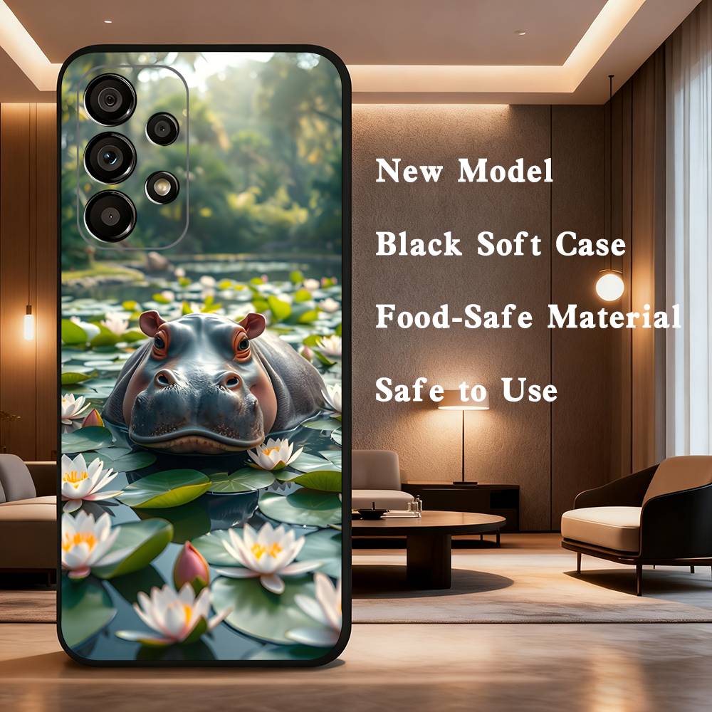 Cute Hippo Hippopotamus For Samsung Galaxy A73,31,71,53,32,72,Note,22,41,8,9,52,J7,Soft Black Silicone Cover Case