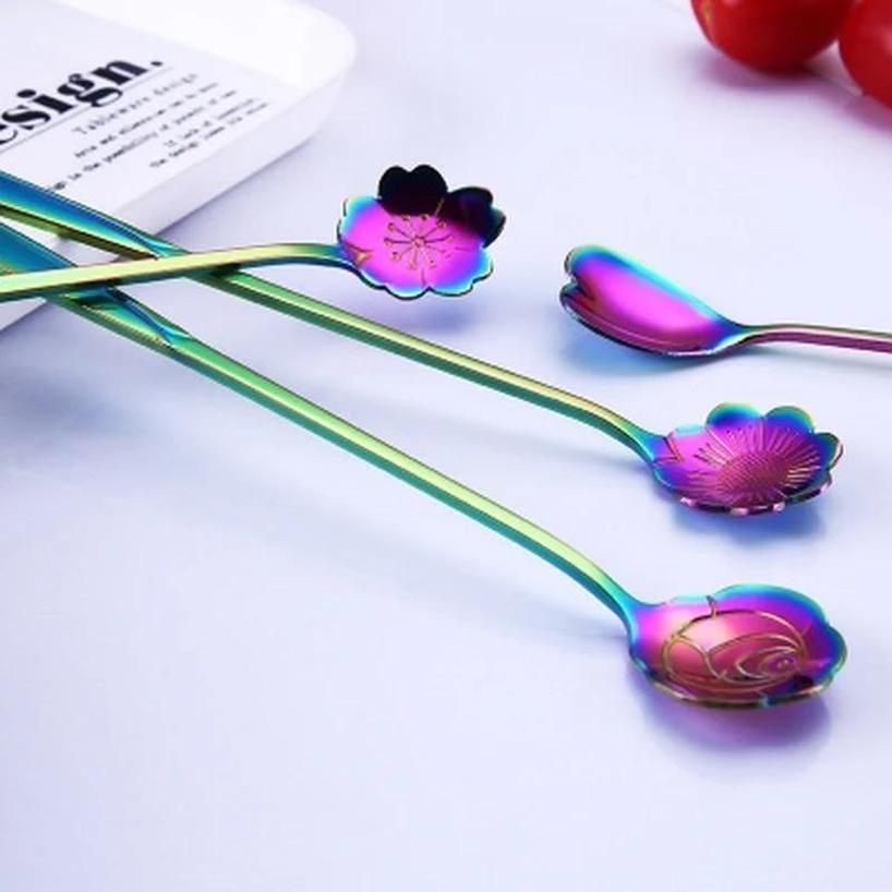 1 Pack Rainbow Flower Ice Spoon Sugar Spoon Tea Coffee Spoon Stirring Kitchen Gadgets Stainless Steel Tabletop Tableware