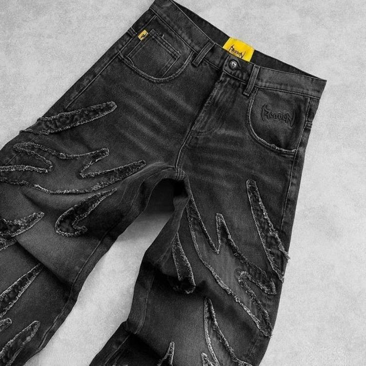 Y2k Hip Hop Bol Erkek Kot Pantolon Eskitilmiş Retro Siyah Pantolon Nakışlı Harajuku Gotik Geniş Paça Pantolon Sokak Giyimi Pantolon