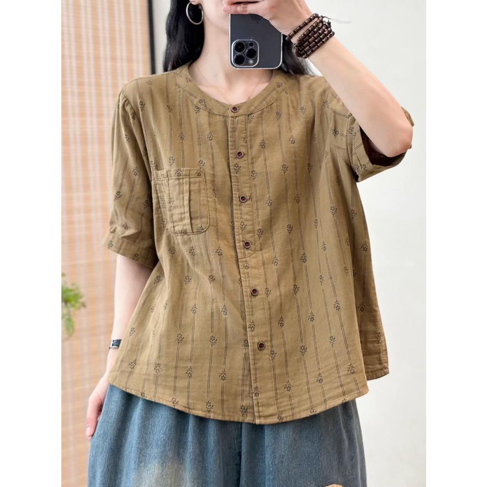 DIMANAF 2026 Plus Size Summer Women Blouse Shirts Tunic Oversize Loose Casual Cotton Linen Lady Tops Vintage Print Floral