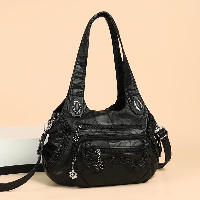 Women's Vintage Leather Shoulder Bag Multi-Zipper Pocket Crossbody Bag with Braided Detail Casual Handbag for  Use for Daily Life and Weekend Outings