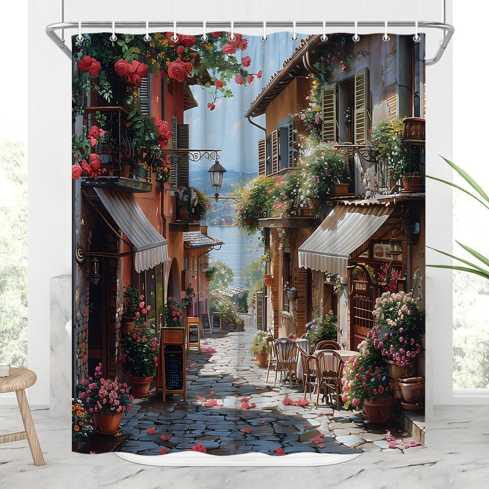 Italy Street Shower Curtain Renaissance Mediterranean Cafe in Tuscany Rustic Floral Farmhouse Scenery Bathroom Decor Curtains