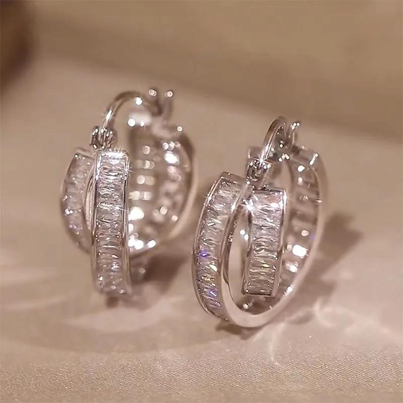 

New Lady s Dynamic New Ear Buckle Women s Double Loop Design with Personalized Xiaohongshu and Internet Red Style Zircon