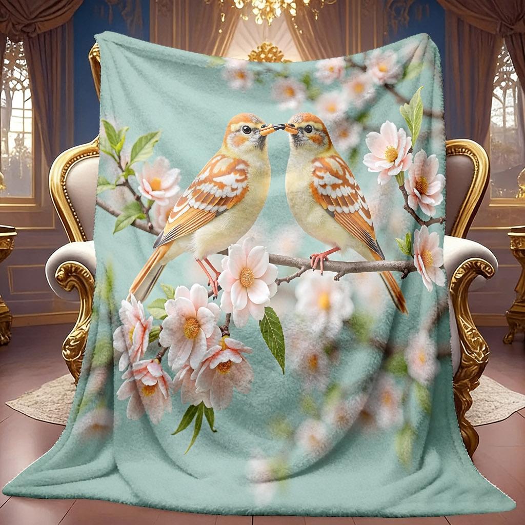 A 2D Flannel Blanket Featuring Two Affectionate Birds Perched On a Flower Branch. Soft High-definition Digital Print, a Cooling Blanket Suitable for A