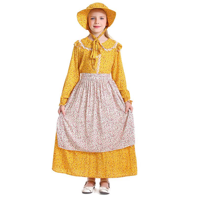 

Children Girls Drama Colonies Pastoral Farm Maid Floral Dress Apron Hat Set Kids Halloween Cosplay Costumes Role Play Outfit XXS жёлтый