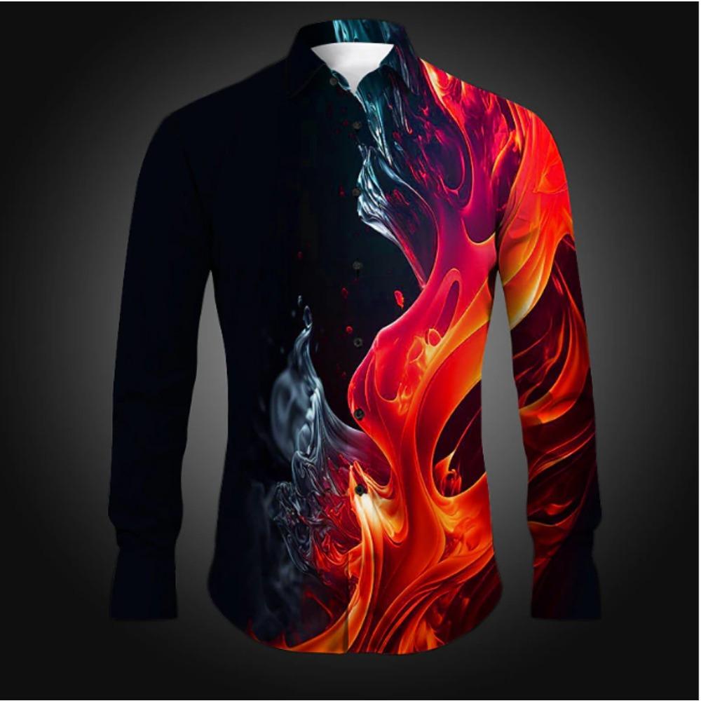 Herren Flammenprint Langarmshirts Lässiger Cardigan Neue Knöpfe Urlaubsmode Hemden