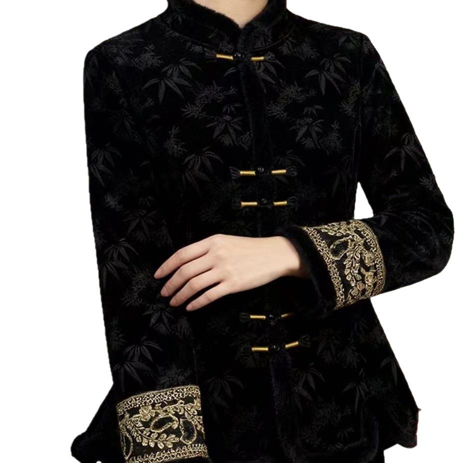 Women's Winter Elegant Chinese Jacquard Stand Collar Shirt with Frog Buttons and Velvet Lining