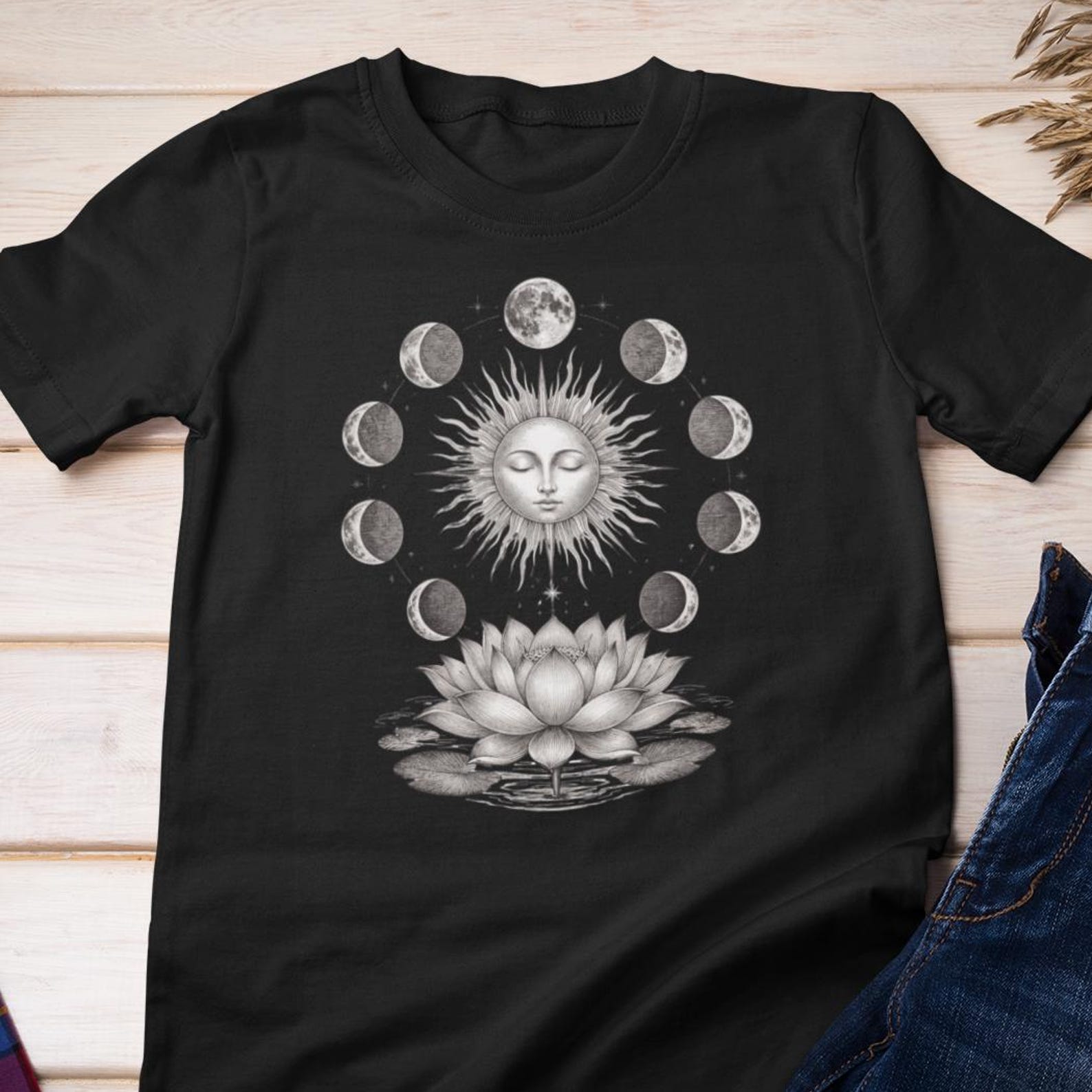 Vintage Sun & Moon Shirt | Celestial Lotus Moon Dark Academia Cotton Tee 3XL