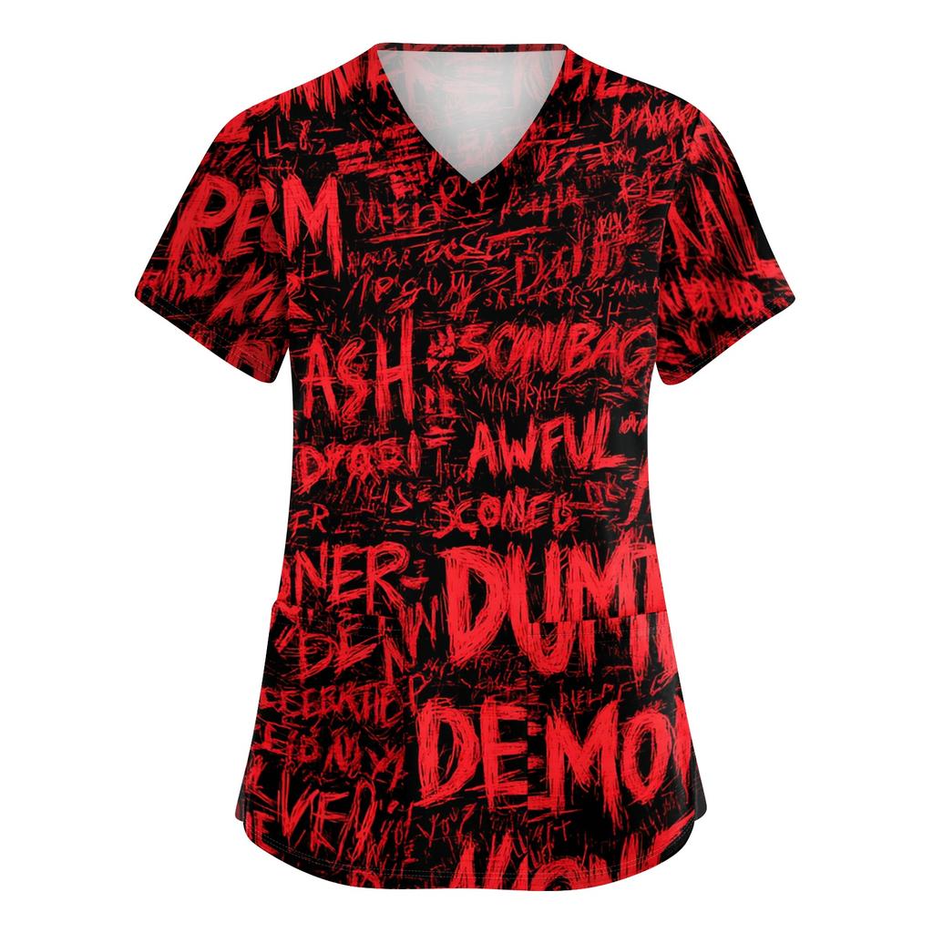 Women's V-Neck Short Sleeve Scrub Top with Pockets Halloween Print Uniform for Work