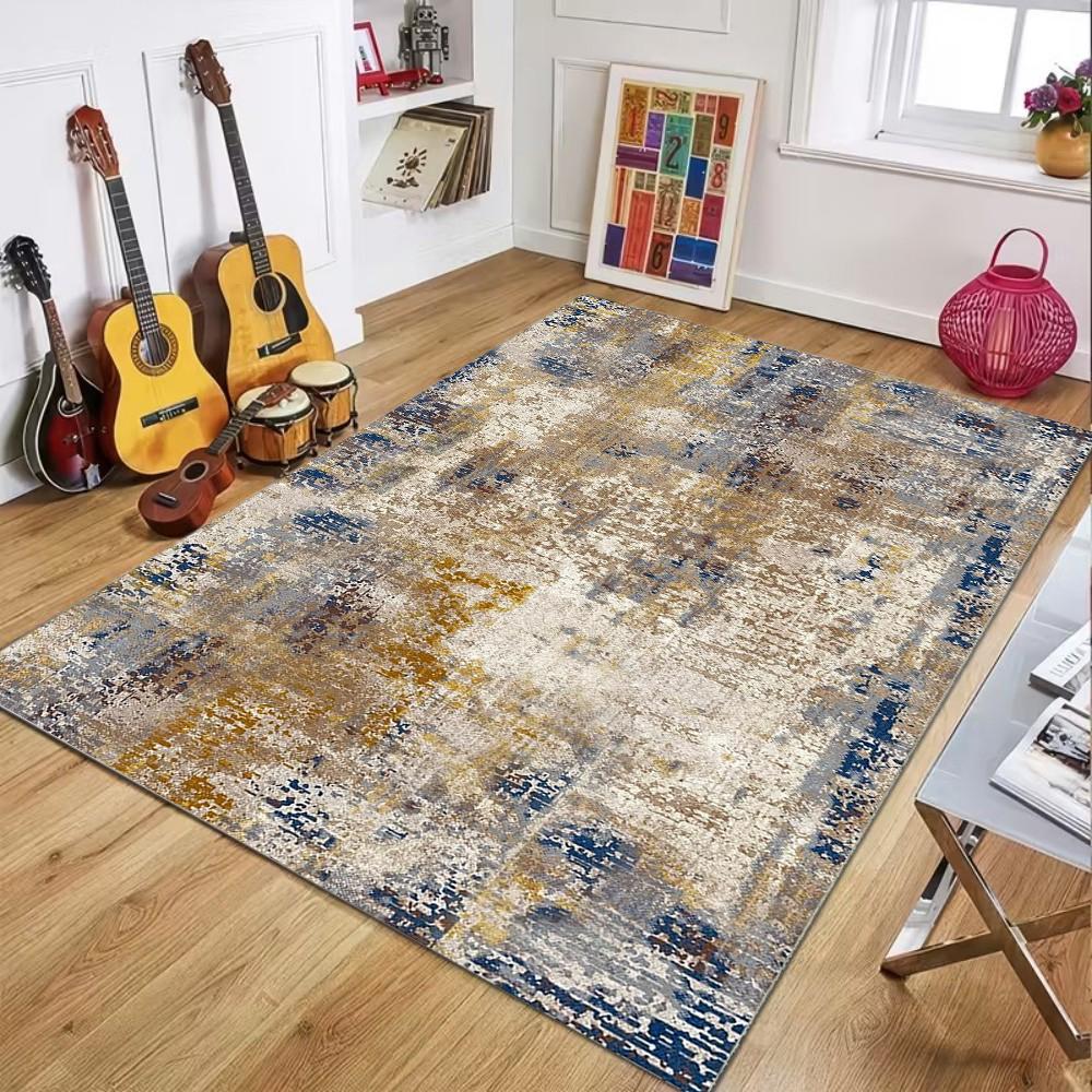 Abstract Art Area Rug – Blue, Green & Gold Modern Carpet for Living Room, Men’s Room, Kitchen or Entryway Decor