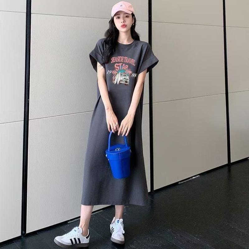 Letter-print Short-sleeved T-shirt, Loose Mid-length Knee-length Slit Dress