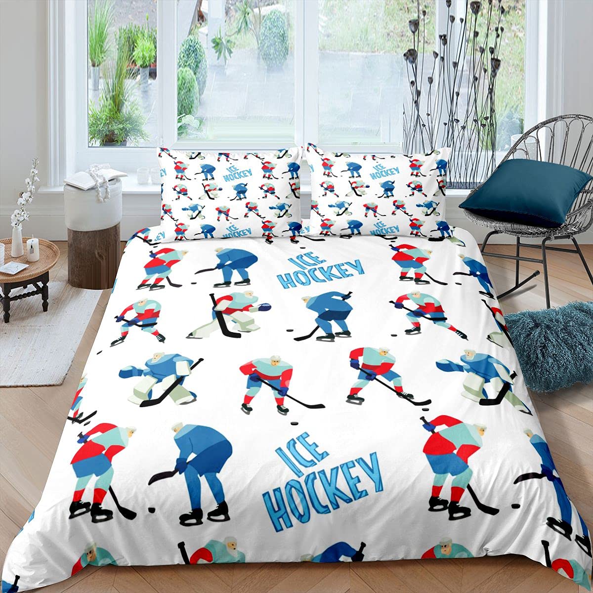 IJshockey Dekbedovertrek Set Jongens Puck King Size Sportspellen Thema Beddengoed Set Voor Kinderen Jeugd Volwassen Mannen Winter Wedstrijd Dekbedovertrek 150x200cm 3pcs