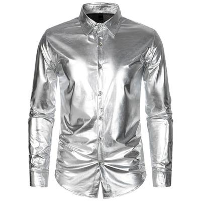 Men Performance Shirt Glossy Surface Turn-down Collar Single-breasted Long Sleeves Buttons Satin Club Party Stage Show Shirt