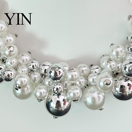 Chunky Faux Pearl Necklace 1 Set Jewelry, Beaded Choker And Square Neck Earrings, Metallic for Women Dinner Parties Wedding Off Shoulder