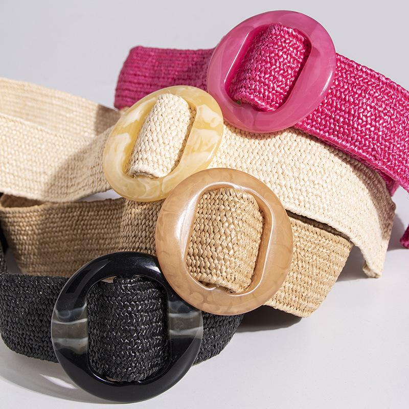 Bohemian Pp Grass Belt for Women, Versatile Decorative Elastic Resin Buckle Woven Women's Belt
