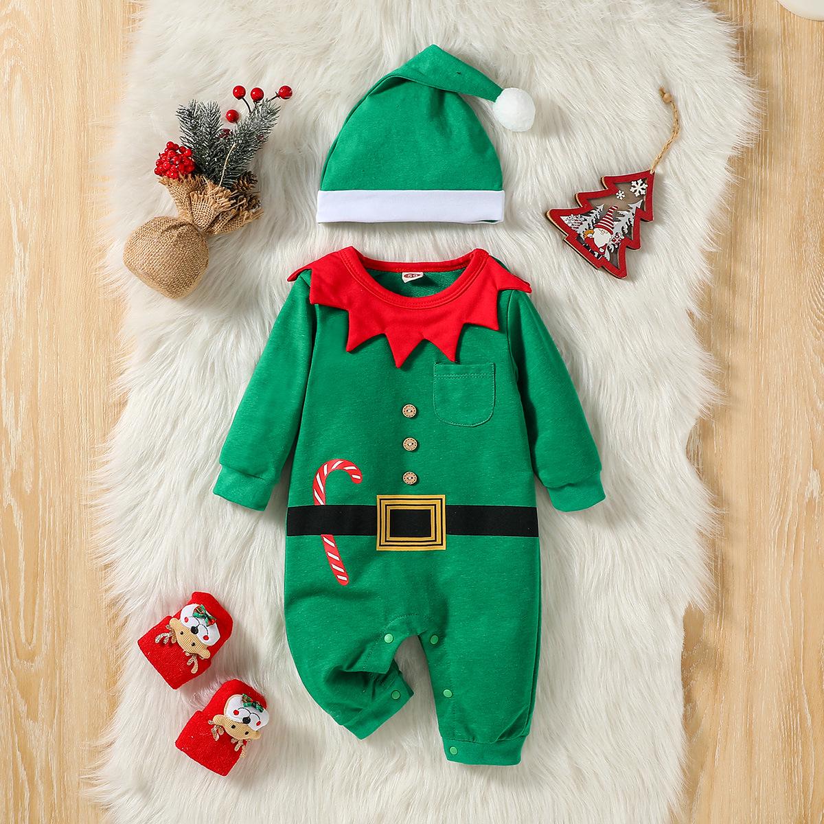 2025 Autumn/Winter Newborn Christmas Bodysuit & Hat Set - Long Sleeve Romper for Babies 80