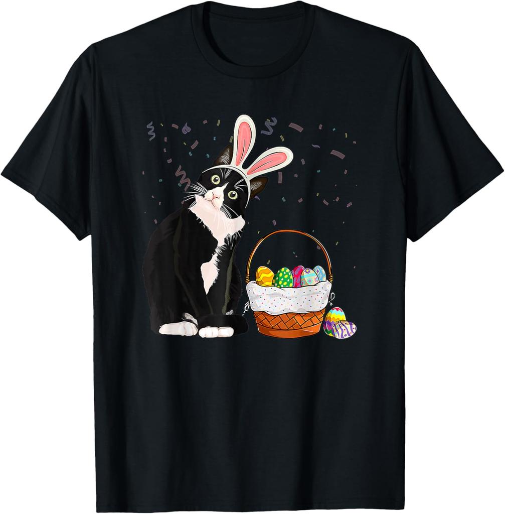 Cat Bunny Ears Easter Basket Graphic Shirts Casual Women Crewneck TShirt for Unisex Women Cute Cat Printed Tops Vintage Y2k Tee
