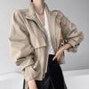 Korean Retro Chic Stand Collar Zipper Jacket with Big Pockets and Long Sleeves