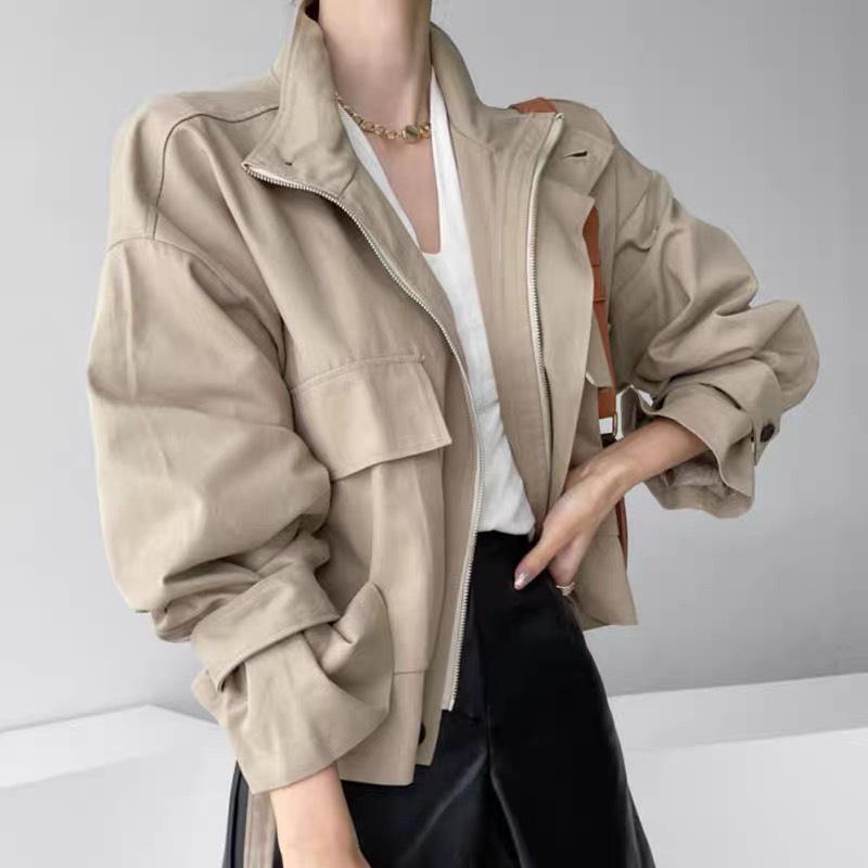 Korean Retro Chic Stand Collar Zipper Jacket with Big Pockets and Long Sleeves