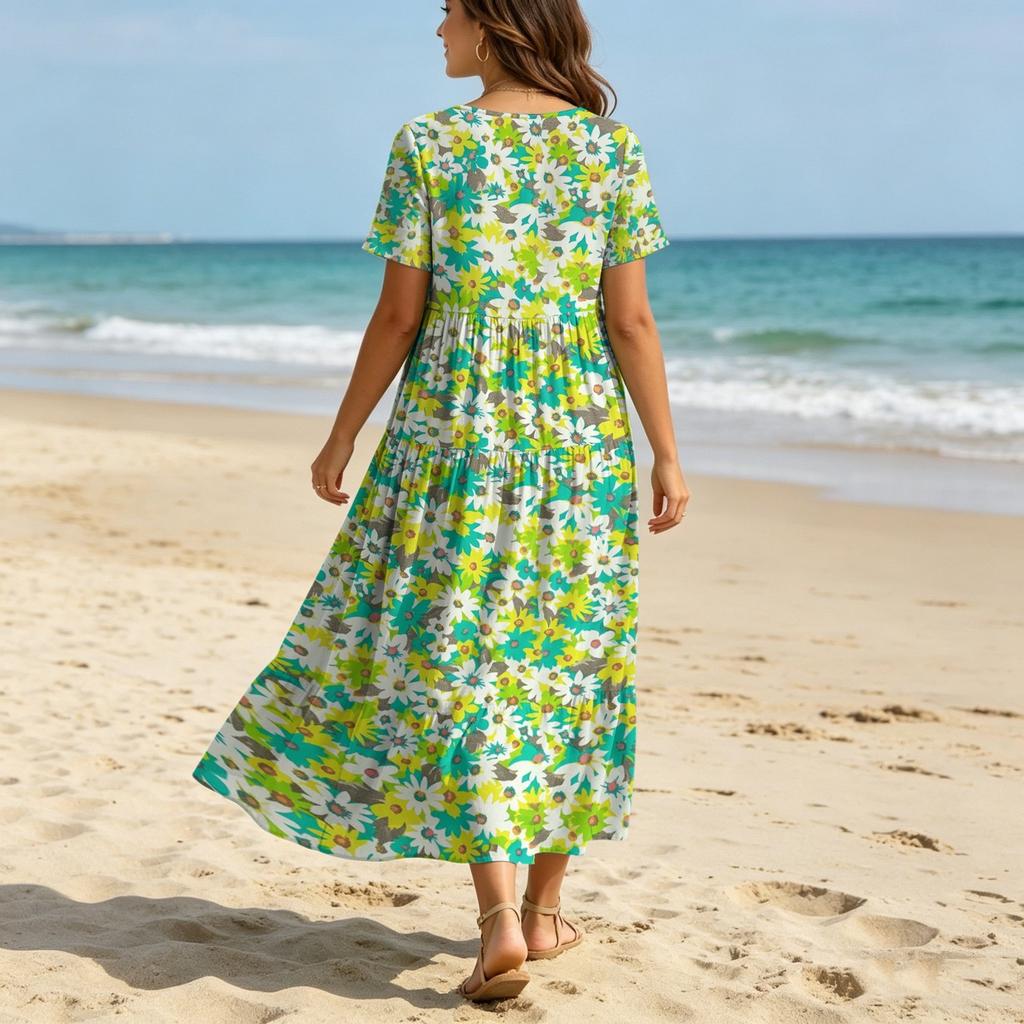 Women Casual Loose Bohemian Floral Dress Krótki rękaw Długa Maxi Summer Beach Swing Dress
