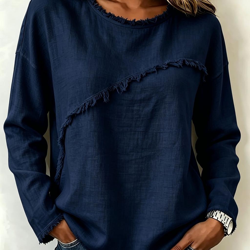 Women Solid Color Raw Edge Long Sleeve Top Casual Loose Fit Pullover Sweatshirt
