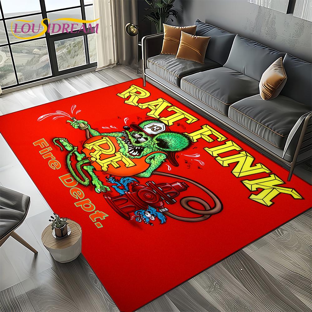 RF Funny Rat Fink Cartoon Motorcycle Sign Carpet Rug for Living Room Bedroom Home Sofa Decoration,Area Rug Non-slip Floor Mat