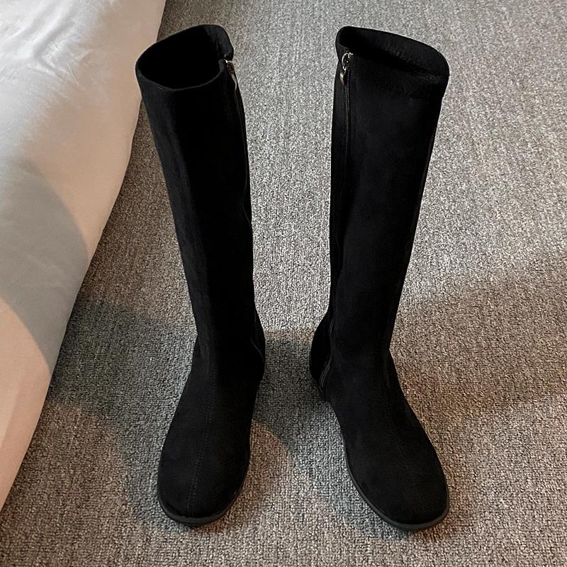 2026 New Spring Autumn Elastic Slimming Woman High Boot Concise Round Toe Shoes Ladies Soft Leather Flats Knight Long Booties