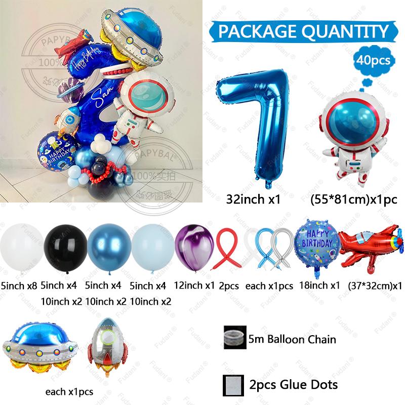 Astronaut Rocket Balloon Blue Space Theme 32inch Number Balloon Set Birthday Party Decoration Children's Baptismal Balloon Gifts