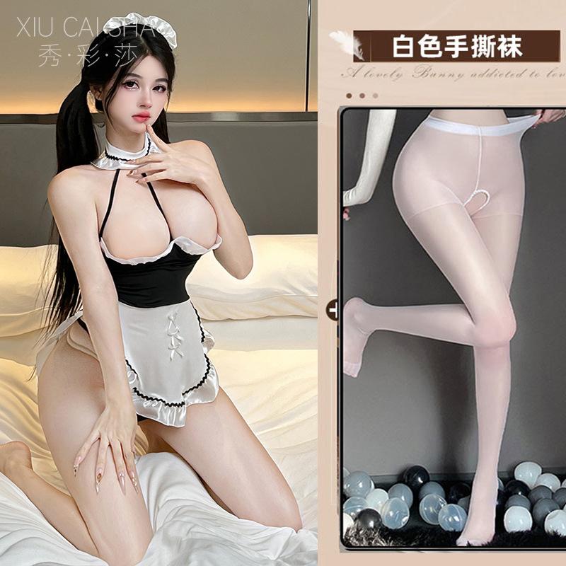 Sexy Lingerie Sexy Hot Neck Maid Large Size Uniform Breast Seduction Suit Spice Maid Robe Pajamas