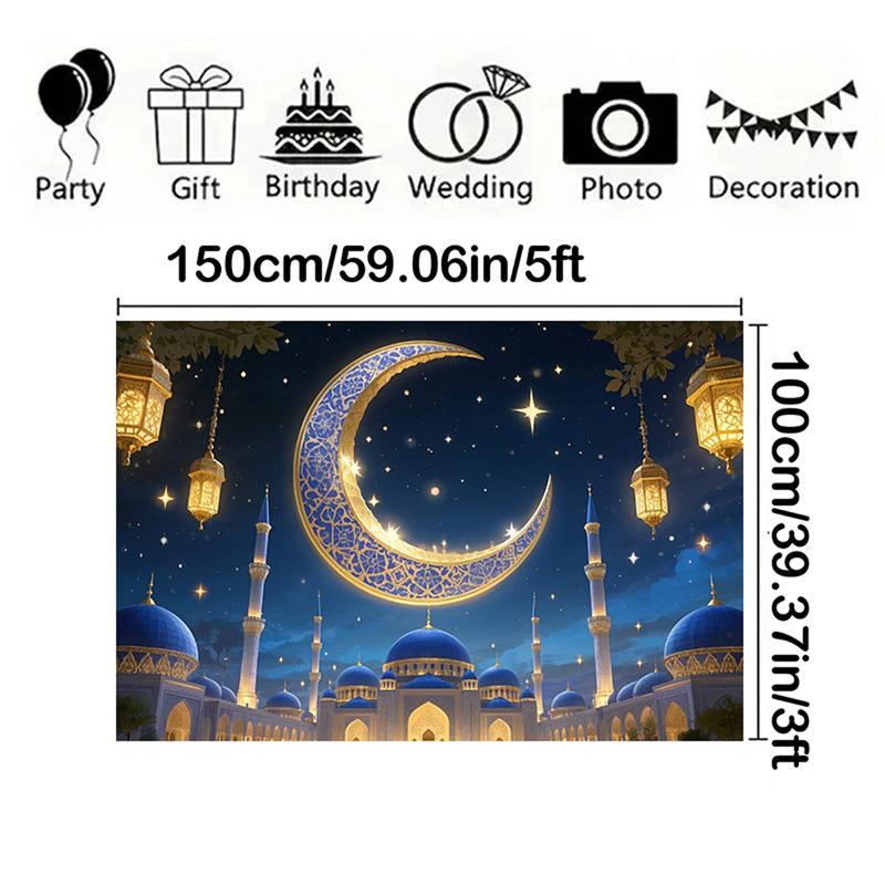 Romantic Starry Sky Theme,EID Al Adha Background Cloth with Crescent Moon,Mosque,Lantern Design,Festive Party Celebrations