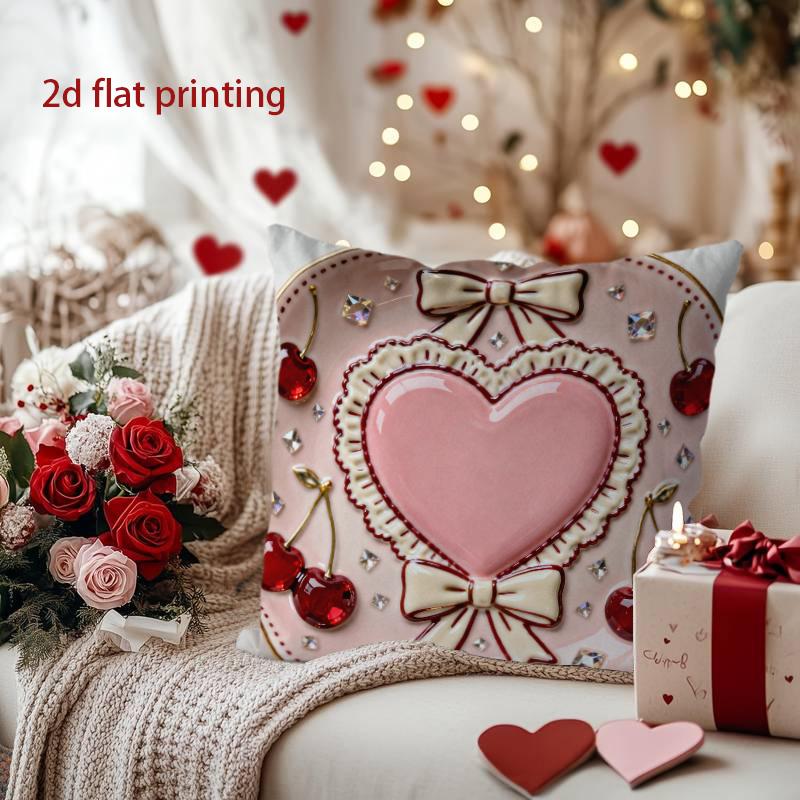 Heart-Shaped Pillow with Cherries and Bow Decoration Pattern Cushion Cover Suitable for Sofa Bedroom Car Pillow Cover