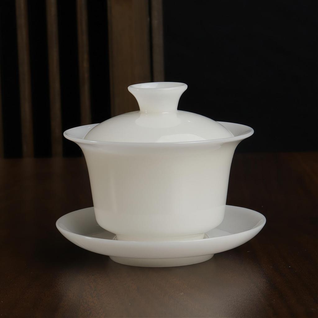 Large Raw Jade Porcelain Gaiwan: Suspended, rotatable, cool to touch.