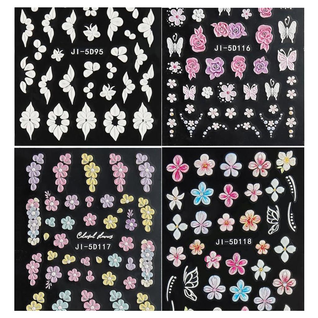 4 Sheets Flowers Nail Sticker Sweet Nails Art Stickers Self-Adhesive Nail Decals Nails Art Decoration for Woman Girl