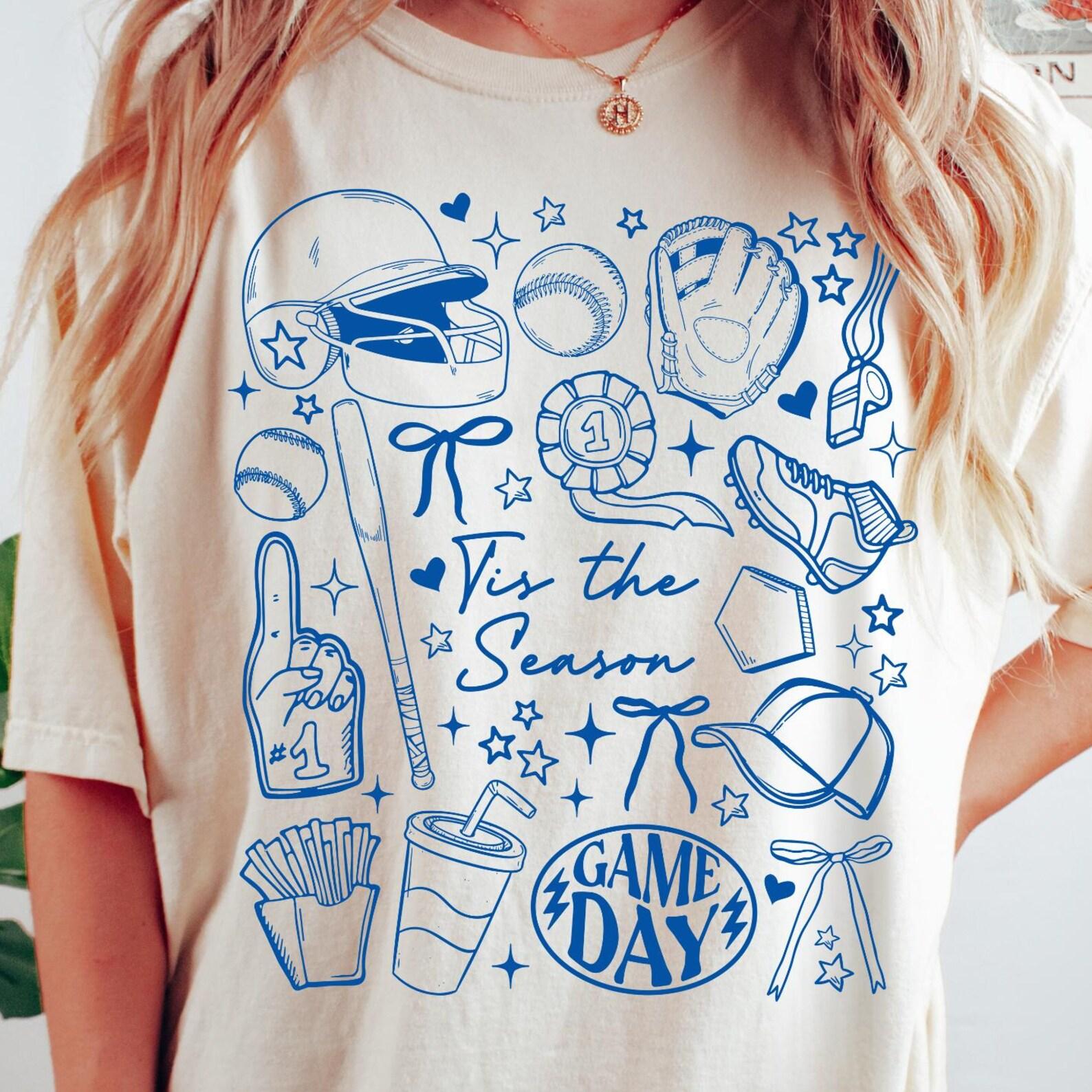 Baseball Doodle Comfort Colors® T-Shirt, Hand Drawn Women s Coquette Bow Baseball Tee, Sports Mom Shirt, Game Day ShirT-Shirt. XL