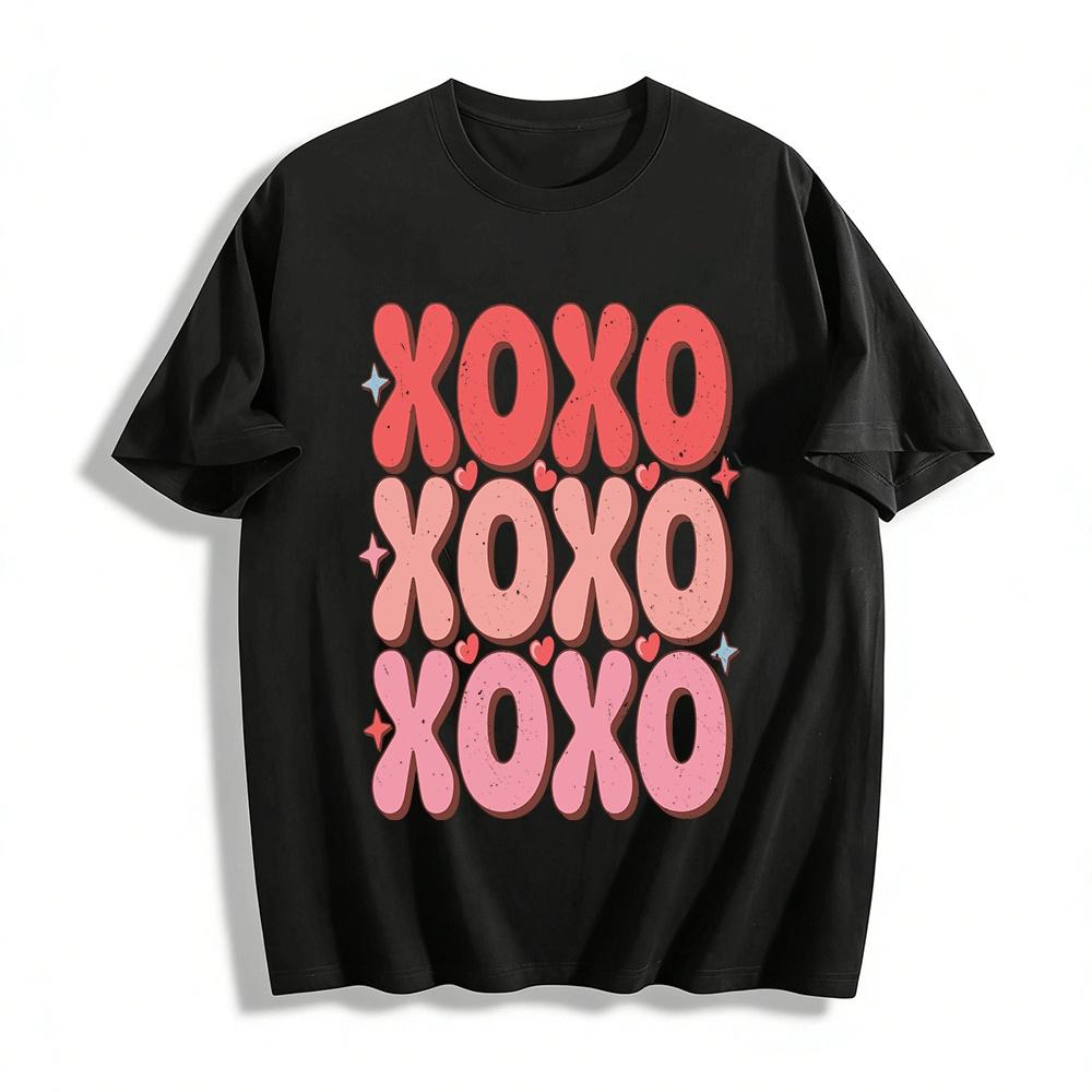 

XOXO Heart Gradient Letter Print Casual Loose Couple Crew Neck Tee Pure cotton T-shirt XXS